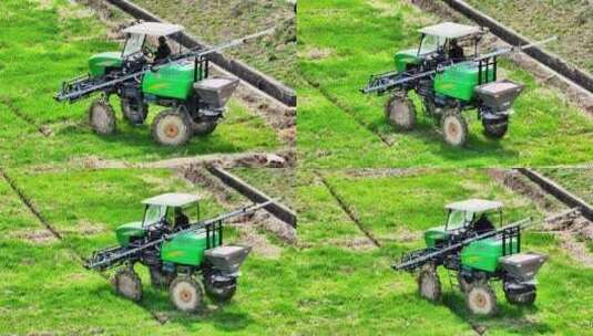 航拍乡镇农田种田大户小麦机械拖拉机施肥高清在线视频素材下载