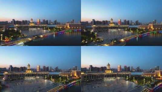 中国天津天津火车站夜景航拍风光高清在线视频素材下载