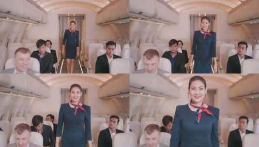 微笑的空姐在飞机上欢迎乘客高清在线视频素材下载