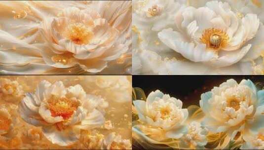 金色和白色的梦幻国风牡丹抽象花朵丝绸背景高清在线视频素材下载