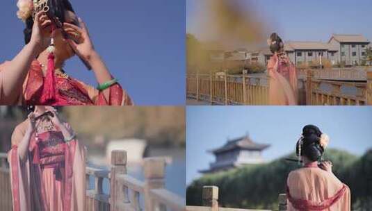 古装女子在湖边吹笛子 古代 古风高清在线视频素材下载