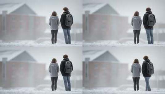 雪中男女学生眺望未来高清在线视频素材下载
