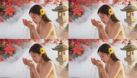 女子于枫叶下捧水洗脸高清在线视频素材下载