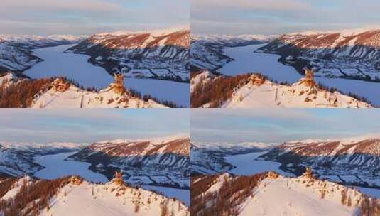 新疆阿勒泰地区喀纳斯景区雪景航拍高清在线视频素材下载