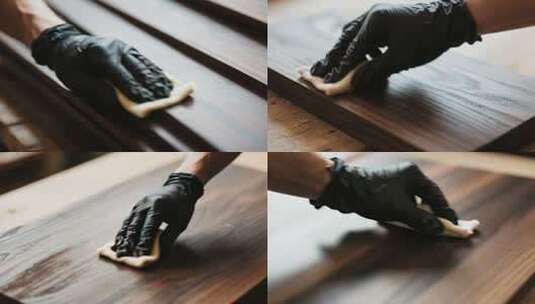 戴手套擦拭木材的手部特写高清在线视频素材下载