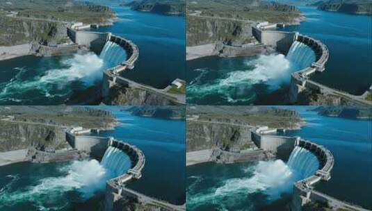 震撼航拍水电站大坝泄洪磅礴力量场景高清在线视频素材下载