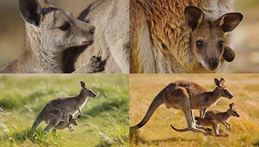 袋鼠母子温馨互动瞬间 夕阳下的袋鼠家族高清在线视频素材下载