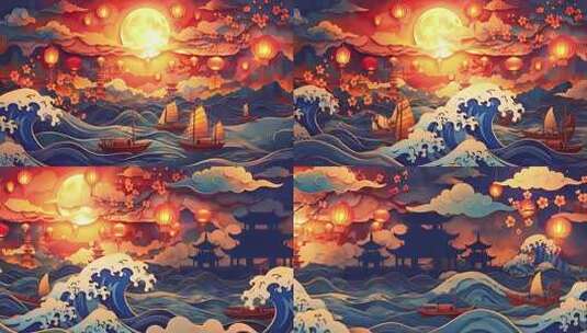 4K古风中式月夜海浪风景素材高清在线视频素材下载