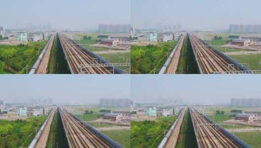 航拍杭州萧山开发区高速电气化铁路高清在线视频素材下载