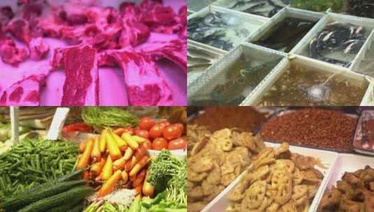 菜市场买菜人群，猪肉蔬菜海鲜新鲜菜高清在线视频素材下载