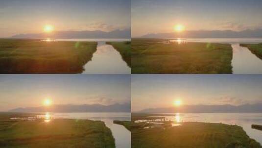 湖面夕阳 航拍高清在线视频素材下载