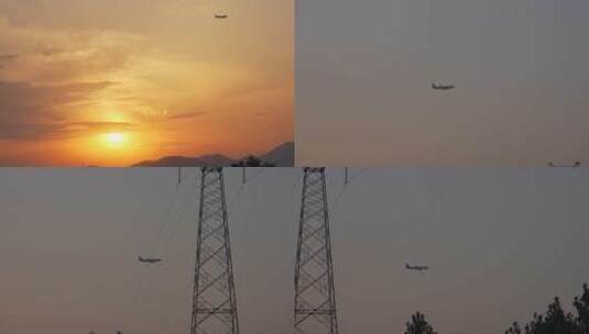 夕阳日落余晖的天空下飞机飞过电塔信号塔高清在线视频素材下载