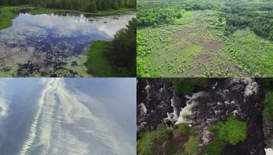 航拍夏季河流森林湖泊湿地白云乌云夕阳合集高清在线视频素材下载