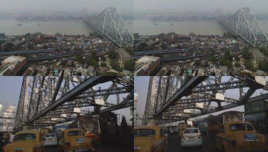 印度加尔各答豪拉桥远景及拥堵现场高清在线视频素材下载