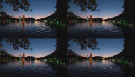 广西桂林日月双塔两江四湖湖面倒影夜景高清在线视频素材下载