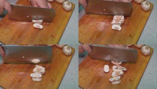 清洗口蘑切白蘑菇片处理食材做饭高清在线视频素材下载