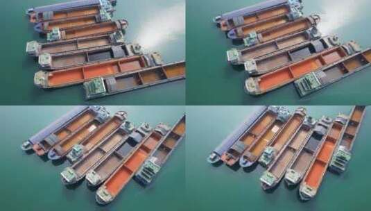 4K湖泊港口停泊的货运船只航拍视频高清在线视频素材下载