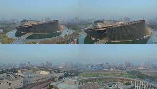 航拍陕西汉中天汉大剧院现代建筑城市风光高清在线视频素材下载
