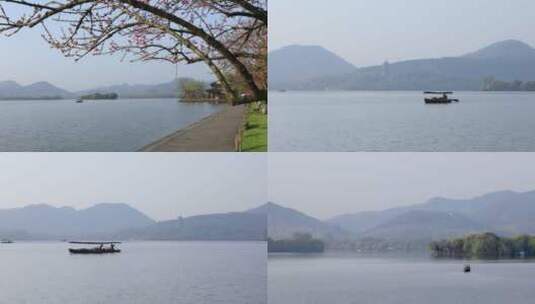 春天清晨杭州西湖樱花游船唯美4k空镜合集高清在线视频素材下载