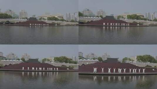航拍郑州会展中心如意湖边太极-1（log灰）高清在线视频素材下载