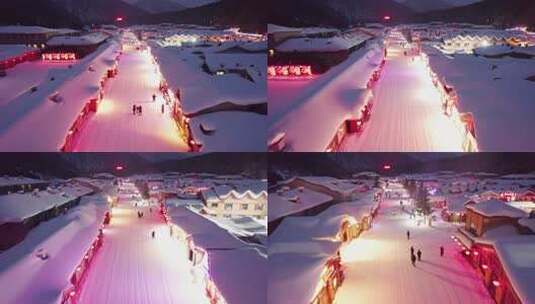 中国黑龙江雪乡夜景航拍高清在线视频素材下载