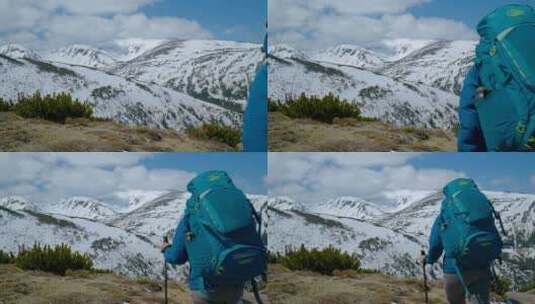 背着背包的年轻女人在山里旅行高清在线视频素材下载