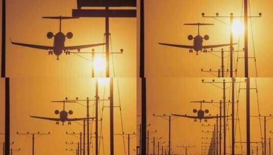 日落时分飞机降落在机场高清在线视频素材下载