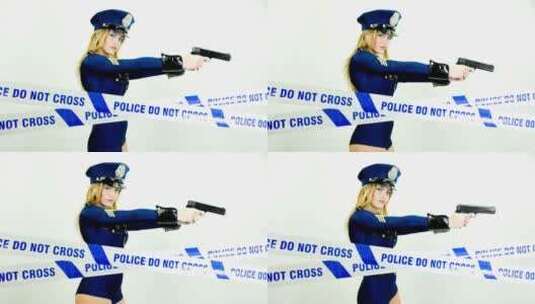 女人穿警服拿手枪玩角色扮演高清在线视频素材下载