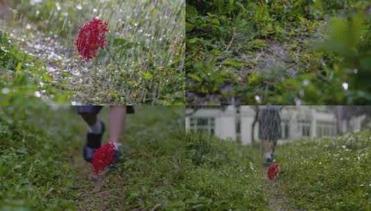 唯美小孩撑雨伞保护雨中鲜花植树节爱护花草高清在线视频素材下载