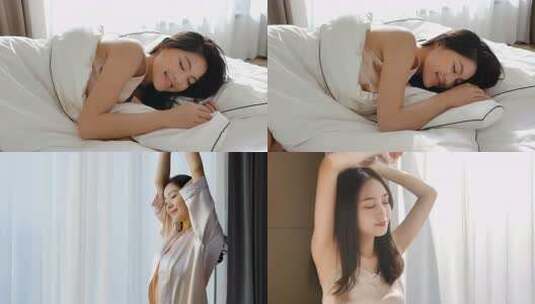 女性起床伸懒腰的惬意时光高清在线视频素材下载