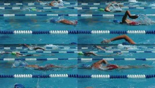 游泳赛道内比赛游泳的运动员慢动作高清在线视频素材下载
