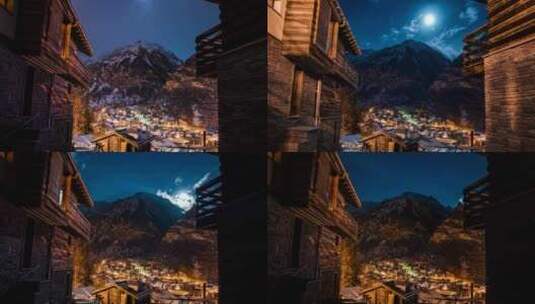 采尔马特村美丽的夜空延时与马特洪峰悬崖高清在线视频素材下载