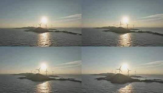 大海日出风车航拍海岛海上发电海洋风力发电高清在线视频素材下载