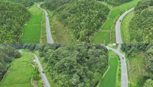 汽车行驶乡村公路航拍车辆行驶农村道路风景高清在线视频素材下载