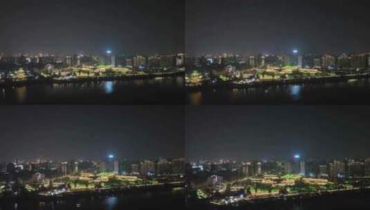南昌市博物馆夜景航拍沿江夜晚建筑灯光风光高清在线视频素材下载