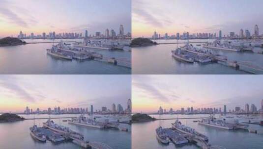 4K航拍青岛夕阳海港轮船海景高清在线视频素材下载