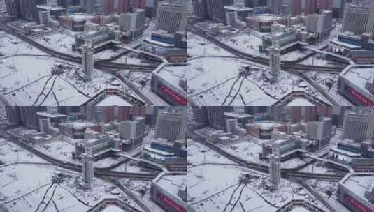 郑州二七广场航拍下雪高清在线视频素材下载