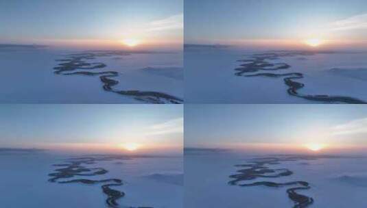 航拍银色草原蜿蜒冰封河流暮雪高清在线视频素材下载