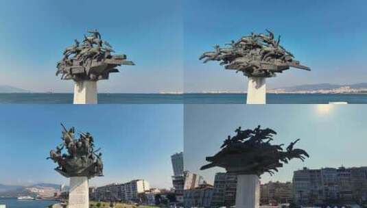 伊兹密尔市贡多格杜广场雕像的航拍高清在线视频素材下载