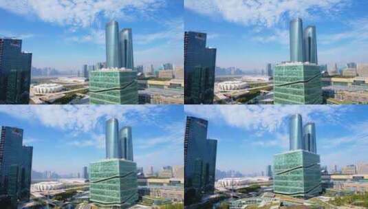 杭州奥体中心杭州之门风景航拍高清在线视频素材下载