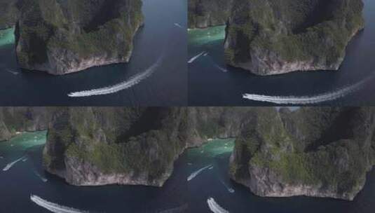 4k 航拍风景大海岩石游艇水域高清在线视频素材下载