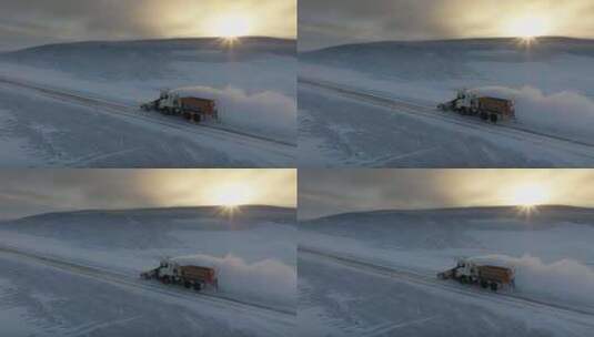 航拍公路铲雪车高清在线视频素材下载