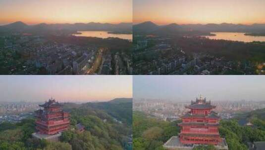 杭州西湖景区城隍阁夜景航拍高清在线视频素材下载