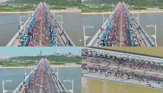 武汉马拉松赛事武汉长江大桥补给点航拍高清在线视频素材下载