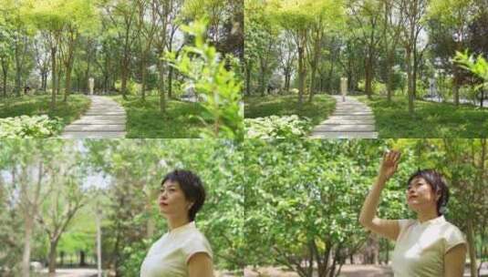 精致优雅女士走在绿树成荫的园林中高清在线视频素材下载