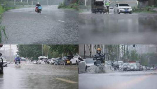 暴雨天气外卖骑手骑车冒雨奔波送餐的外卖员高清在线视频素材下载