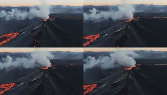 火山喷发岩浆流淌烟雾缭绕的壮观景象高清在线视频素材下载