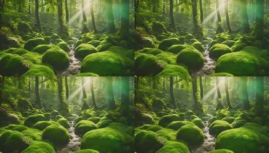 阳光照耀的森林溪流景象高清在线视频素材下载