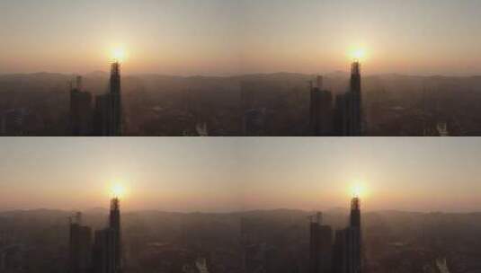 城市日出彩霞迷雾剪影航拍高清在线视频素材下载