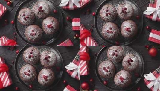 黑色陶瓷板上的圣诞巧克力美味松饼高清在线视频素材下载